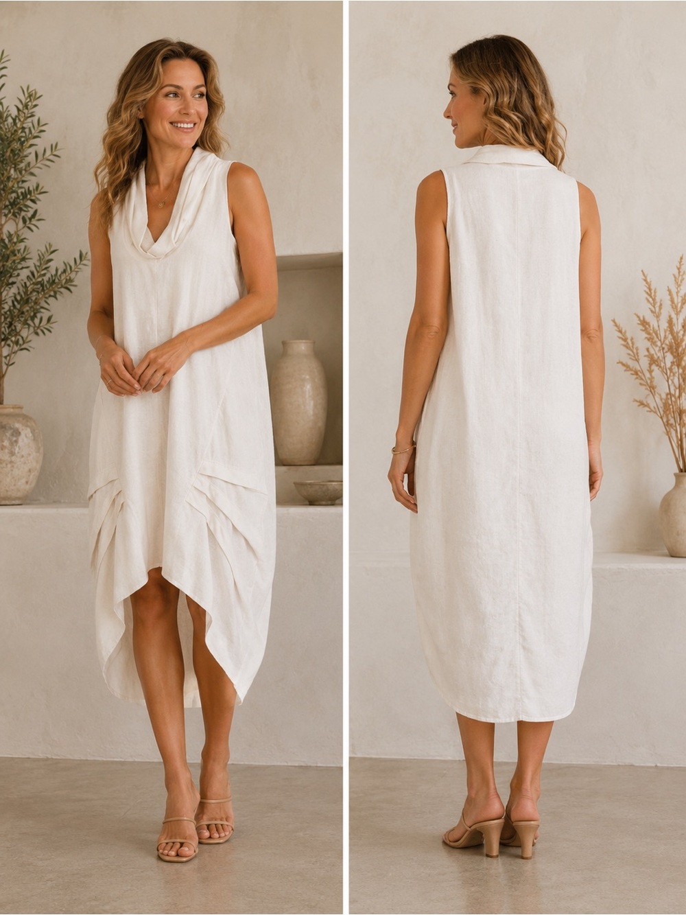 🎉LAST PIECE🎉FORCYNTHIA Linen Blend Cowl Neck Hi-Lo Dress